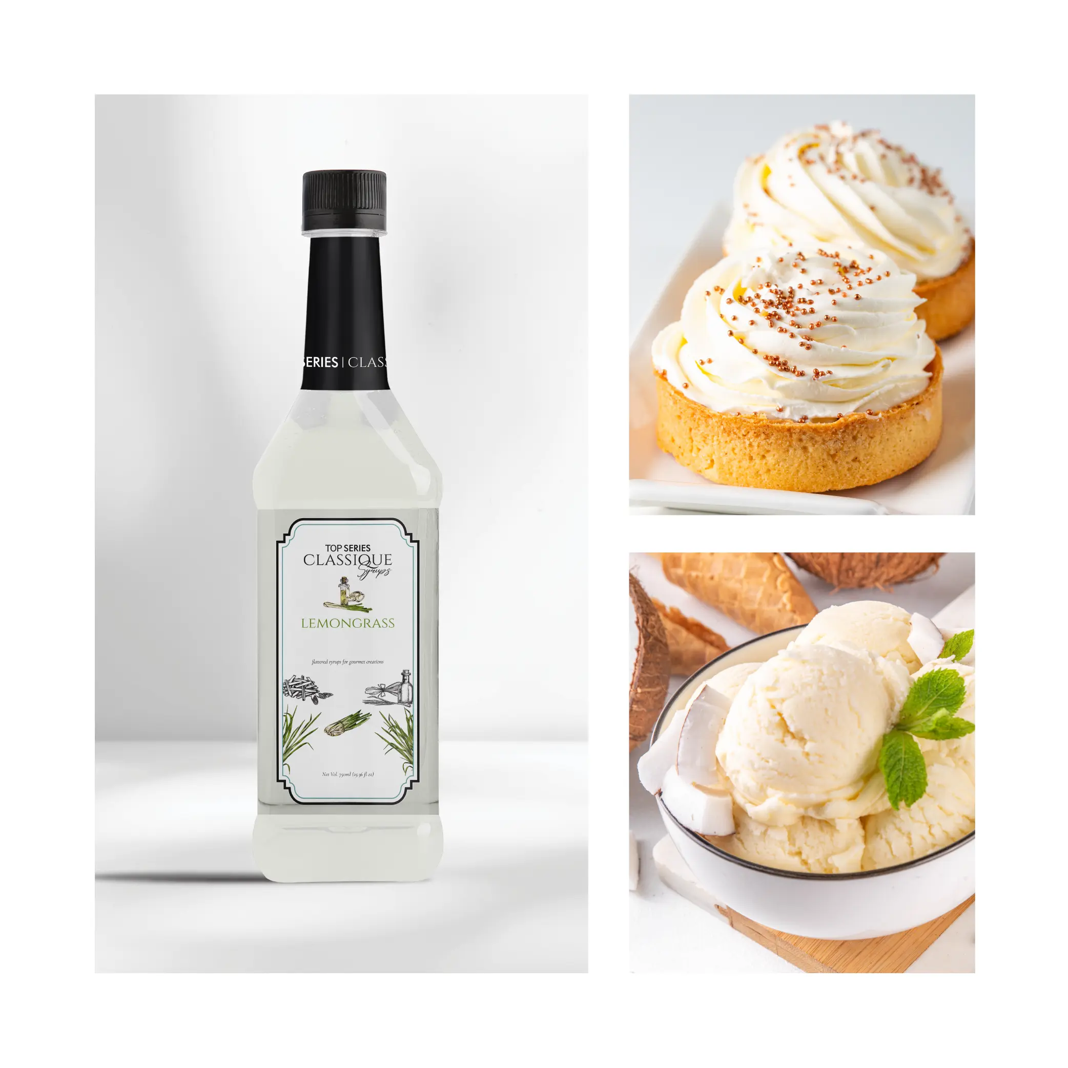 Collage showing a white syrup bottle on the left and a frosted cupcake with sprinkles on the right.