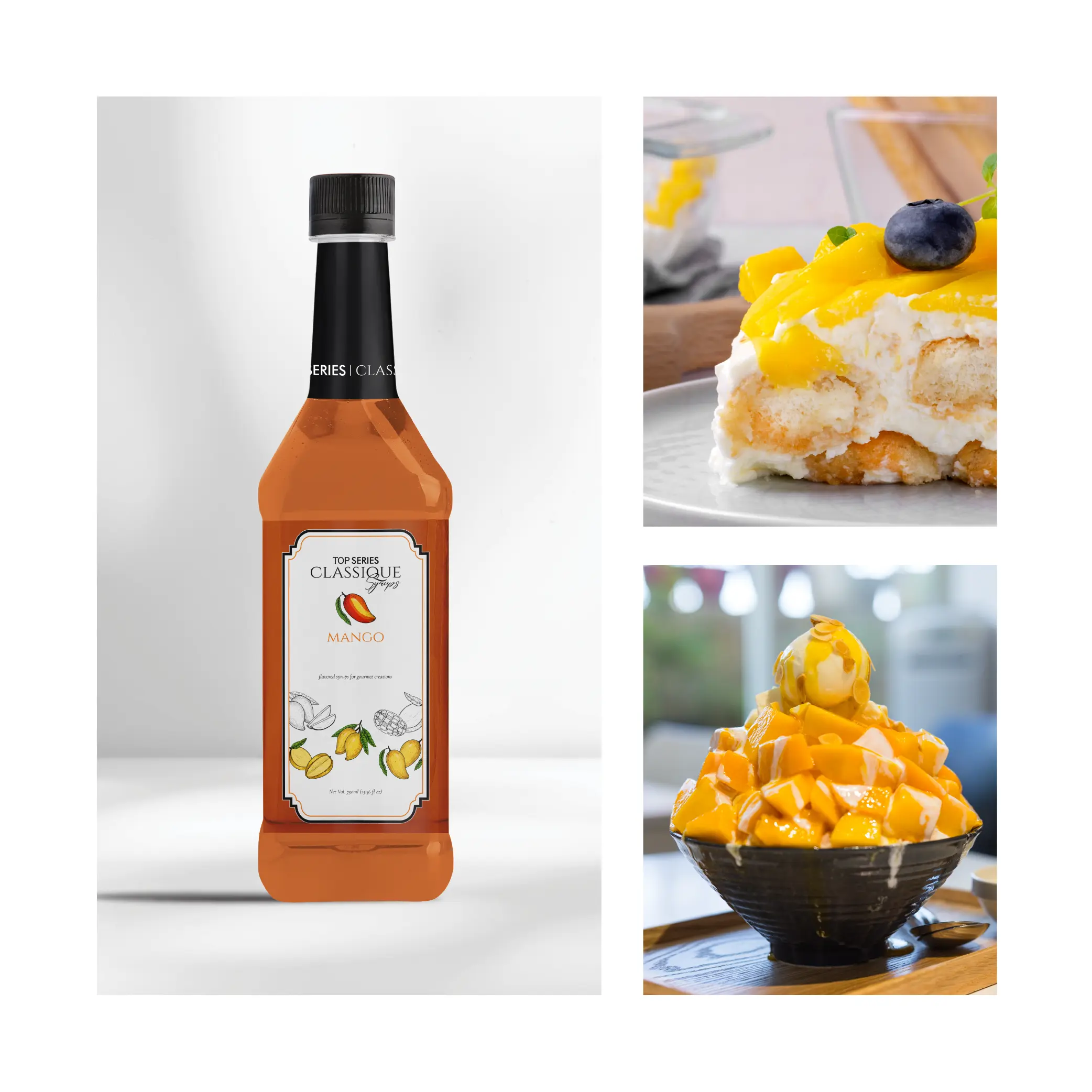 Two-panel image: left side shows a bottle of mango syrup (Top Series Classique) and right side features a mango-glazed cake topped with a blueberry.