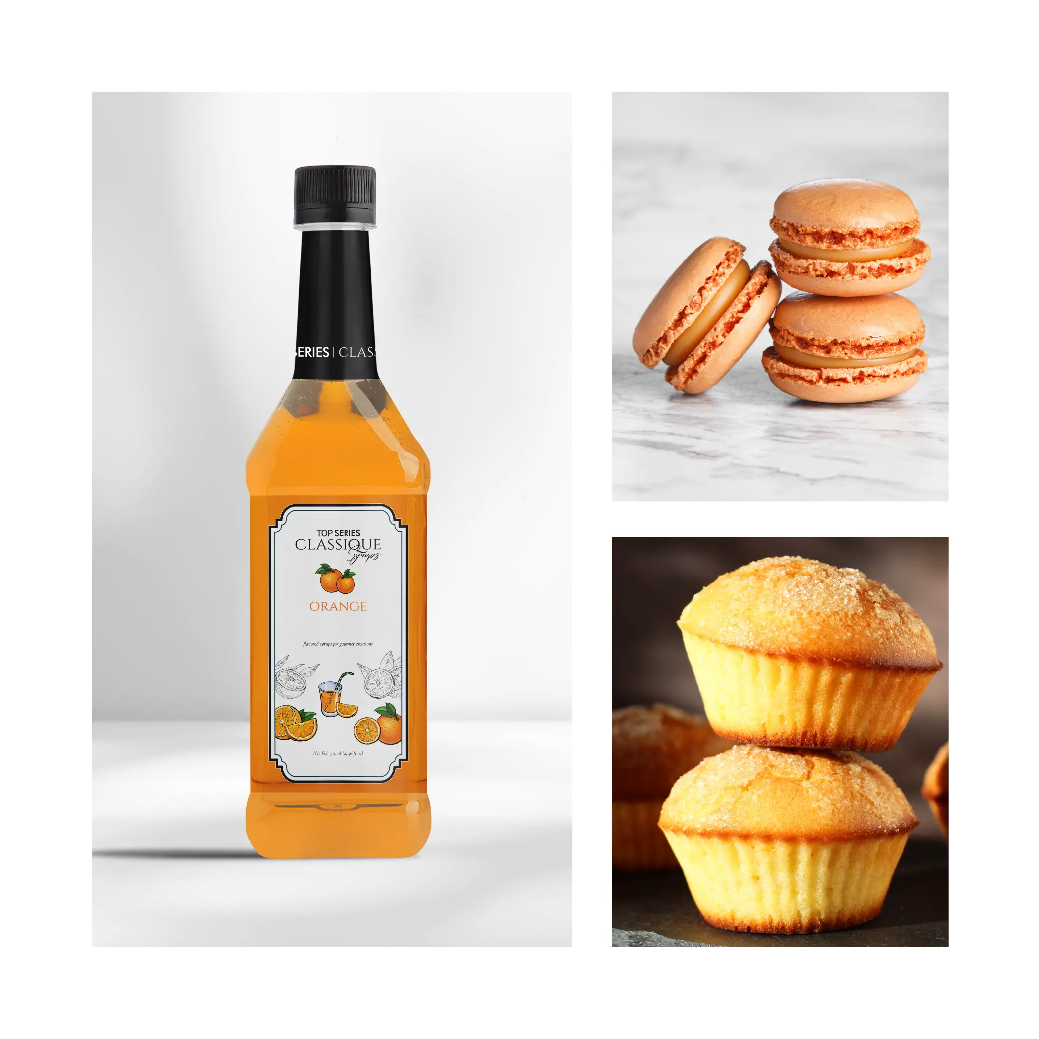 Bottle of orange syrup on the left, beside a stack of orange macarons on the right, against a light background.