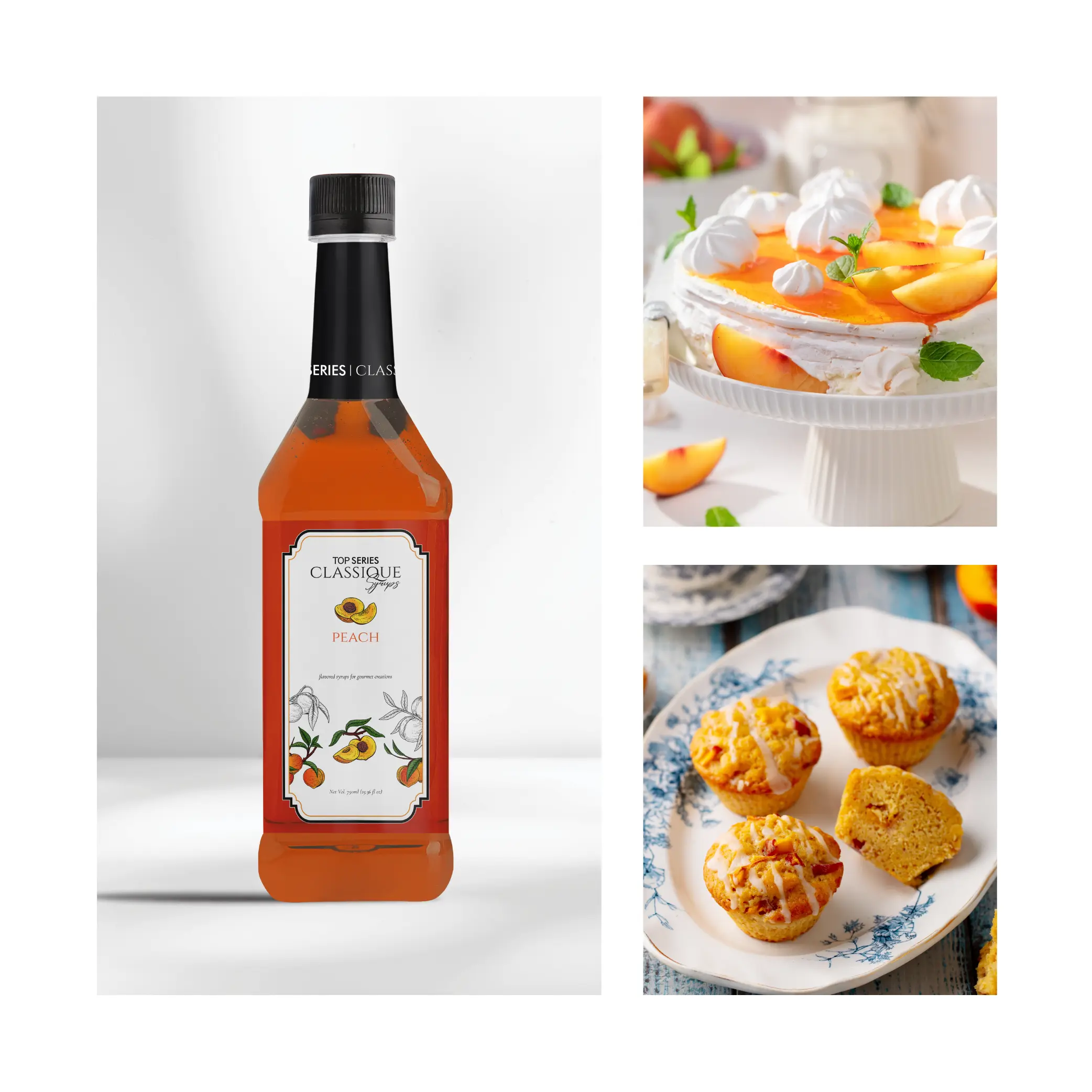 Split image: left side shows a peach syrup bottle, right side a peach dessert with peach slices and whipped cream.
