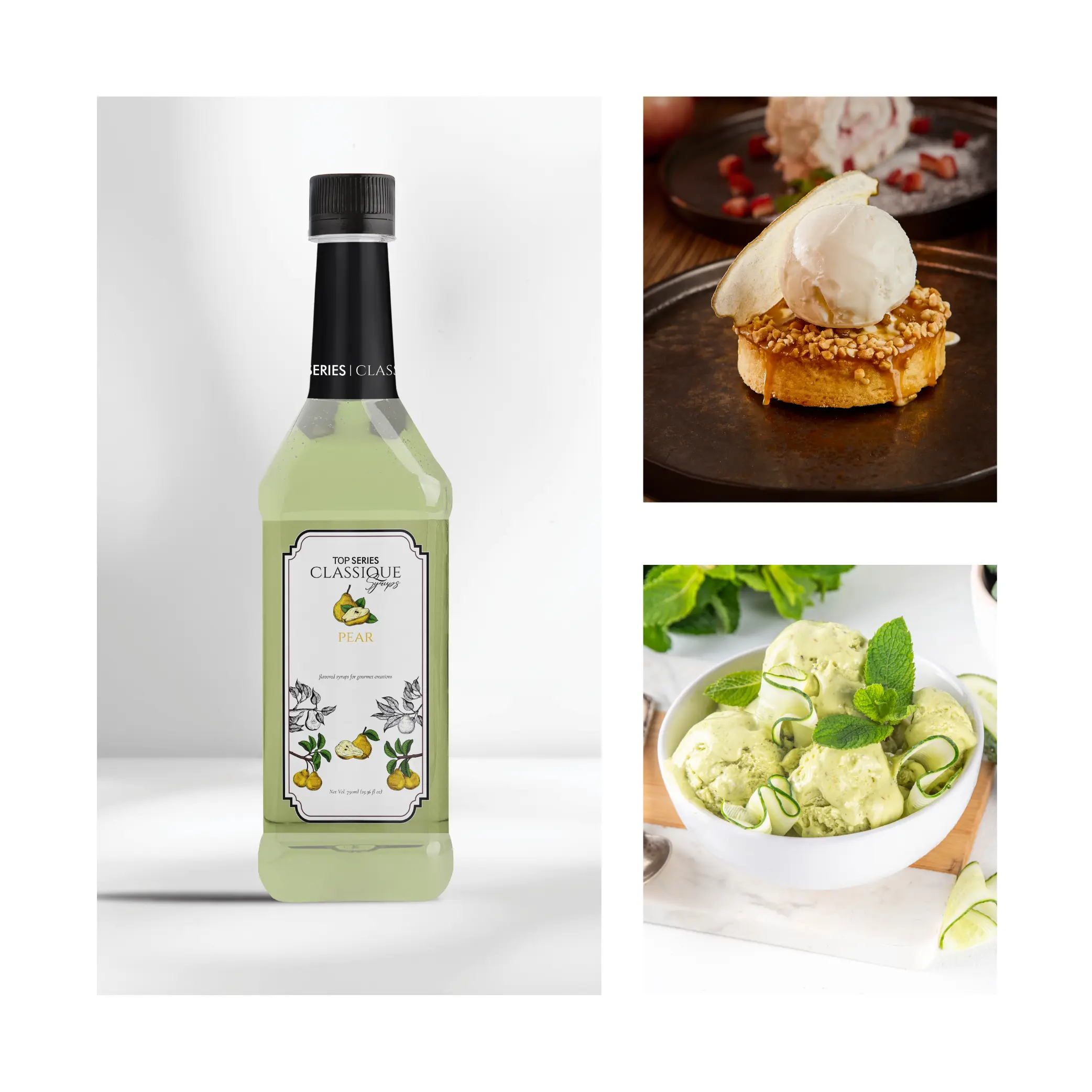 Collage: a bottle on the left with a white background and a plated dessert with ice cream on the right.