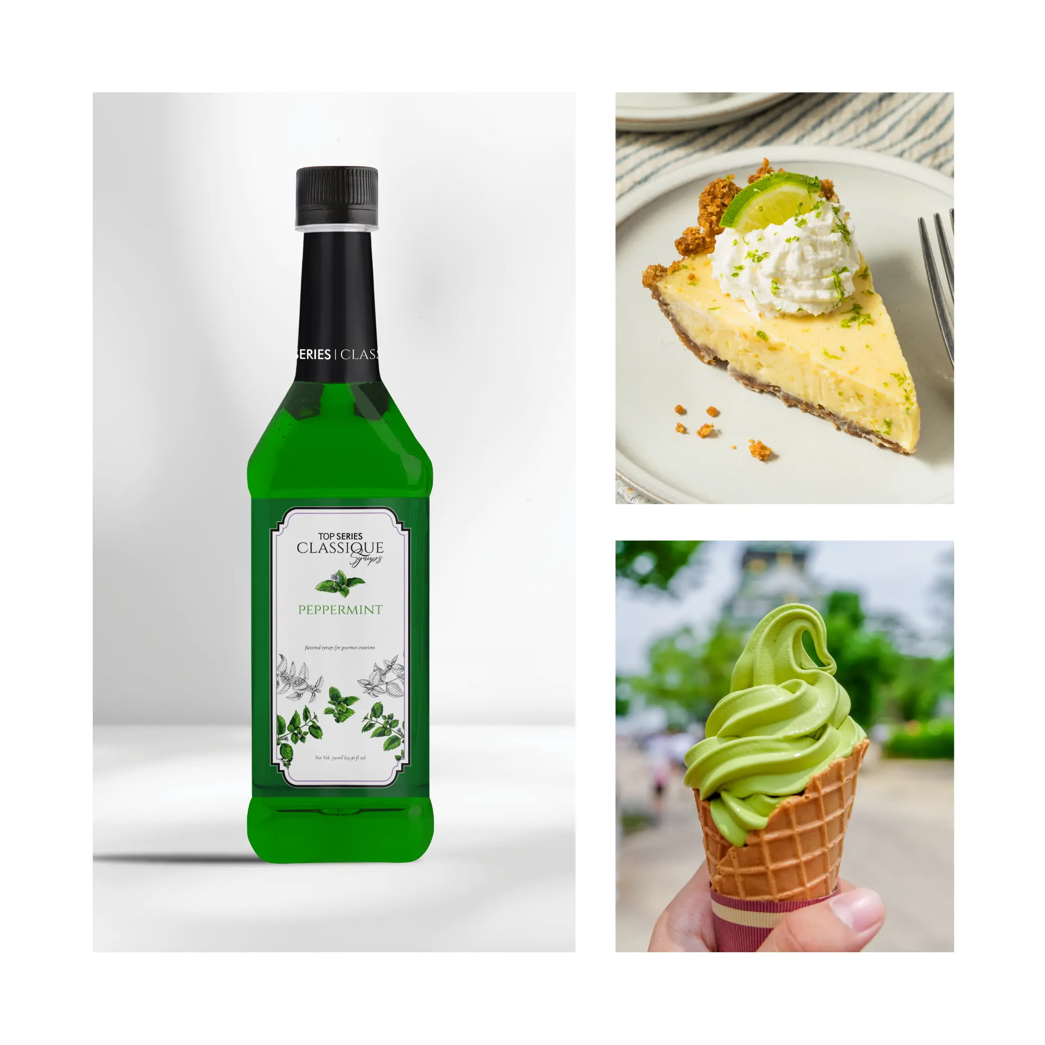 Left: a green peppermint syrup bottle against a white backdrop; right: a slice of lime cheesecake topped with whipped cream and lime zest on a plate; bottom right: a green soft-serve ice cream cone held in a hand.