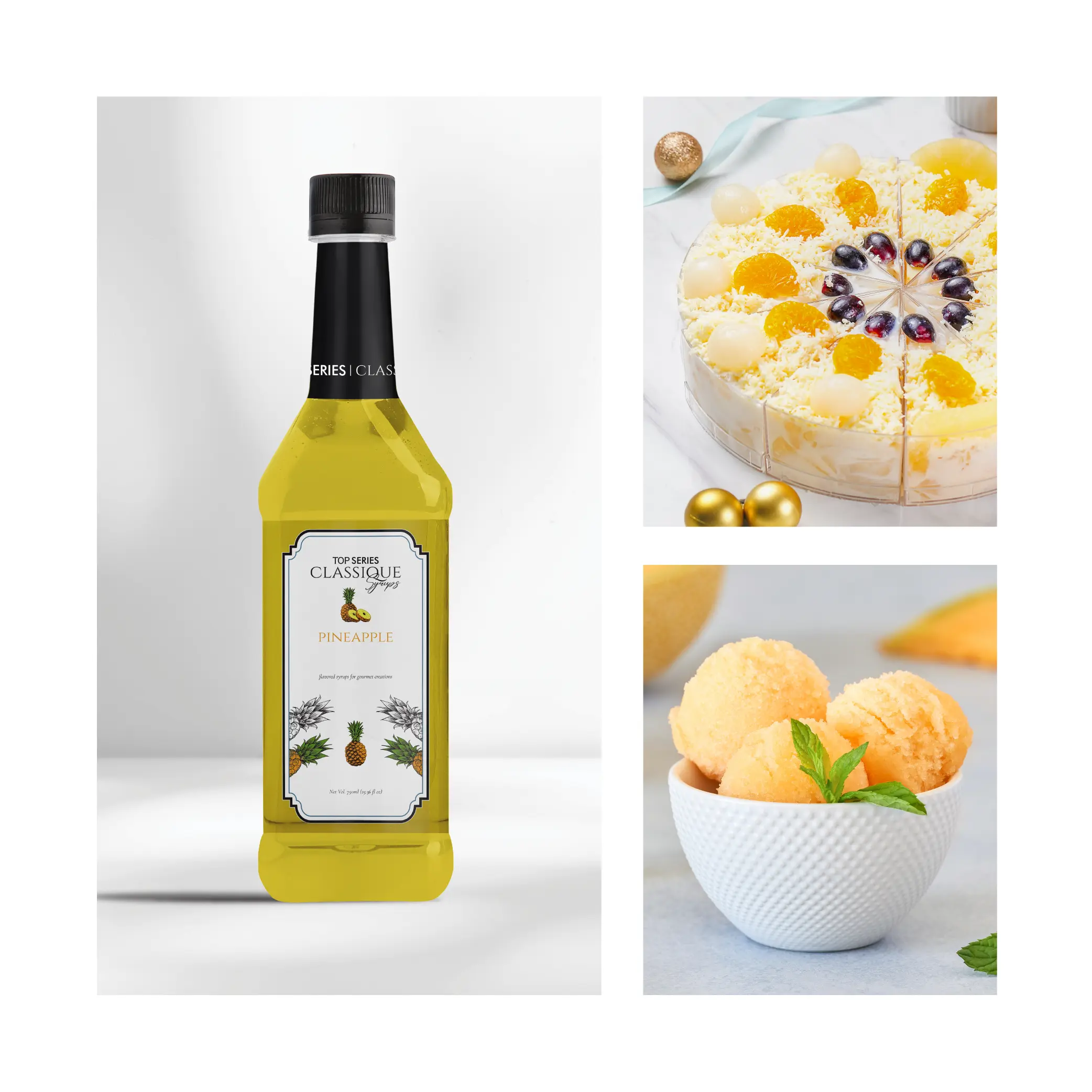 Split-image collage: left side shows a tall bottle, right side shows a round fruit-trost cake with orange slices, grapes, and decorative toppings; grid layout creates two panels