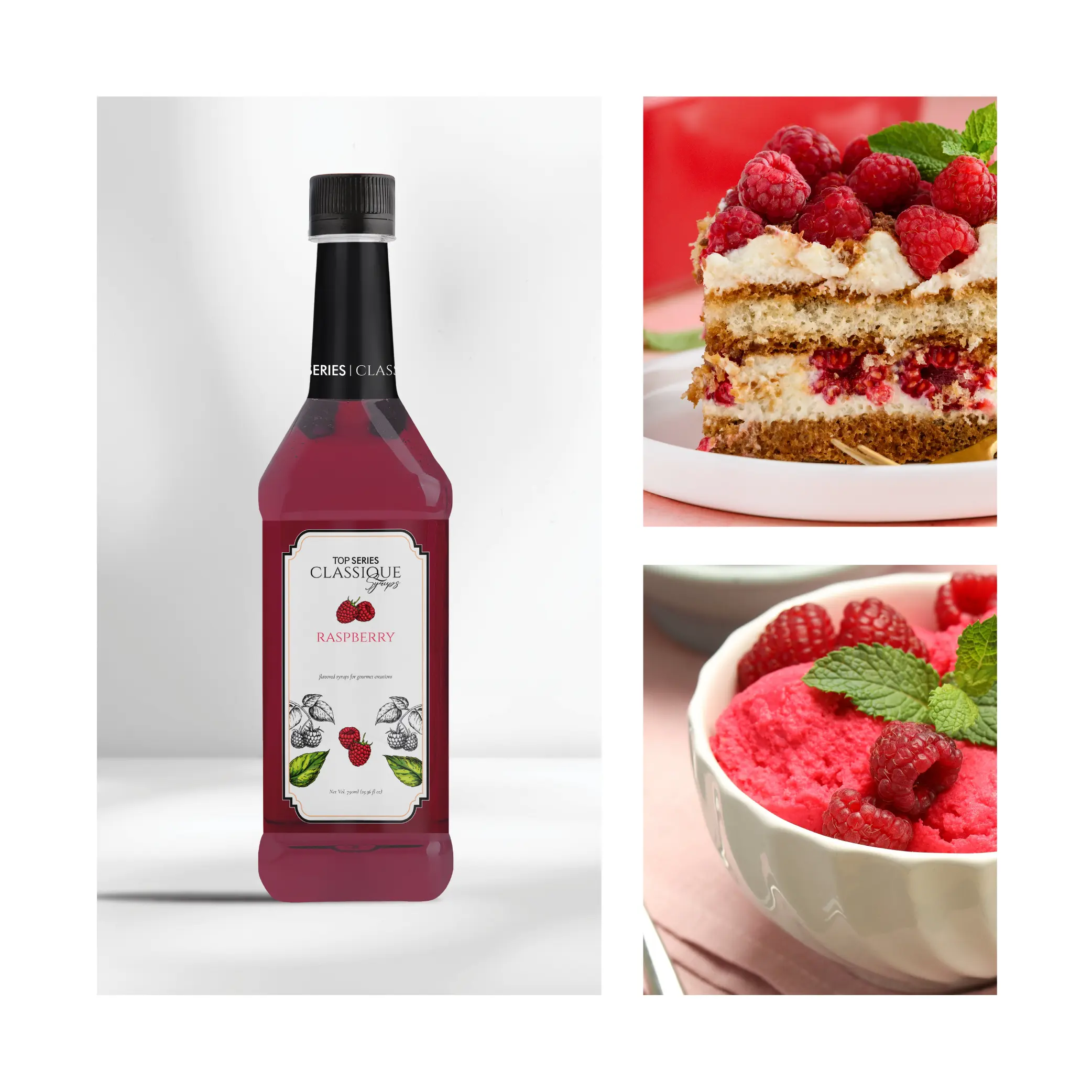 Bottle of raspberry syrup on a white backdrop beside a slice of raspberry cake topped with berries on the right, in a split-image layout.