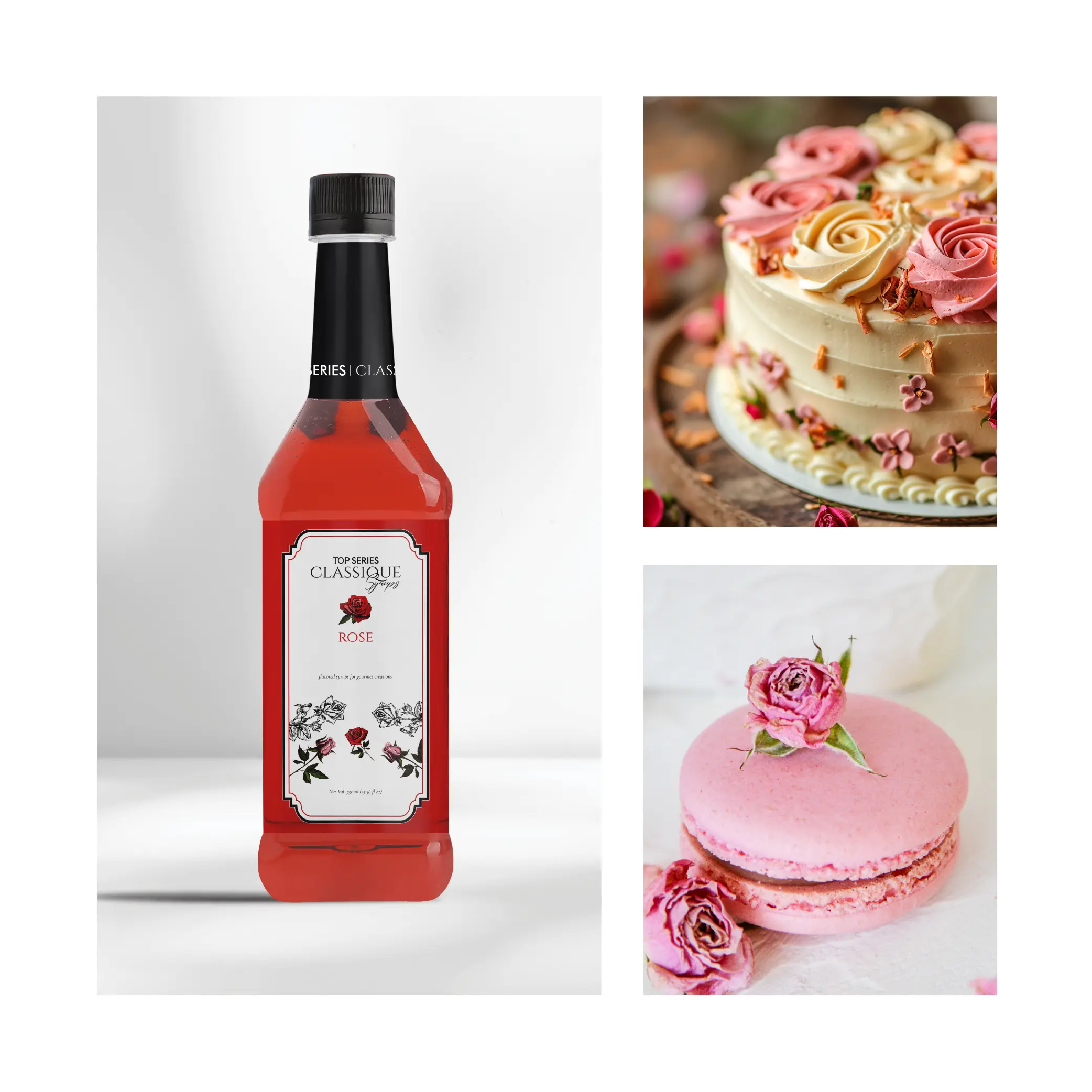 Split image: a red bottle of syrup on the left and a decorated cake with pink frosting on the right.