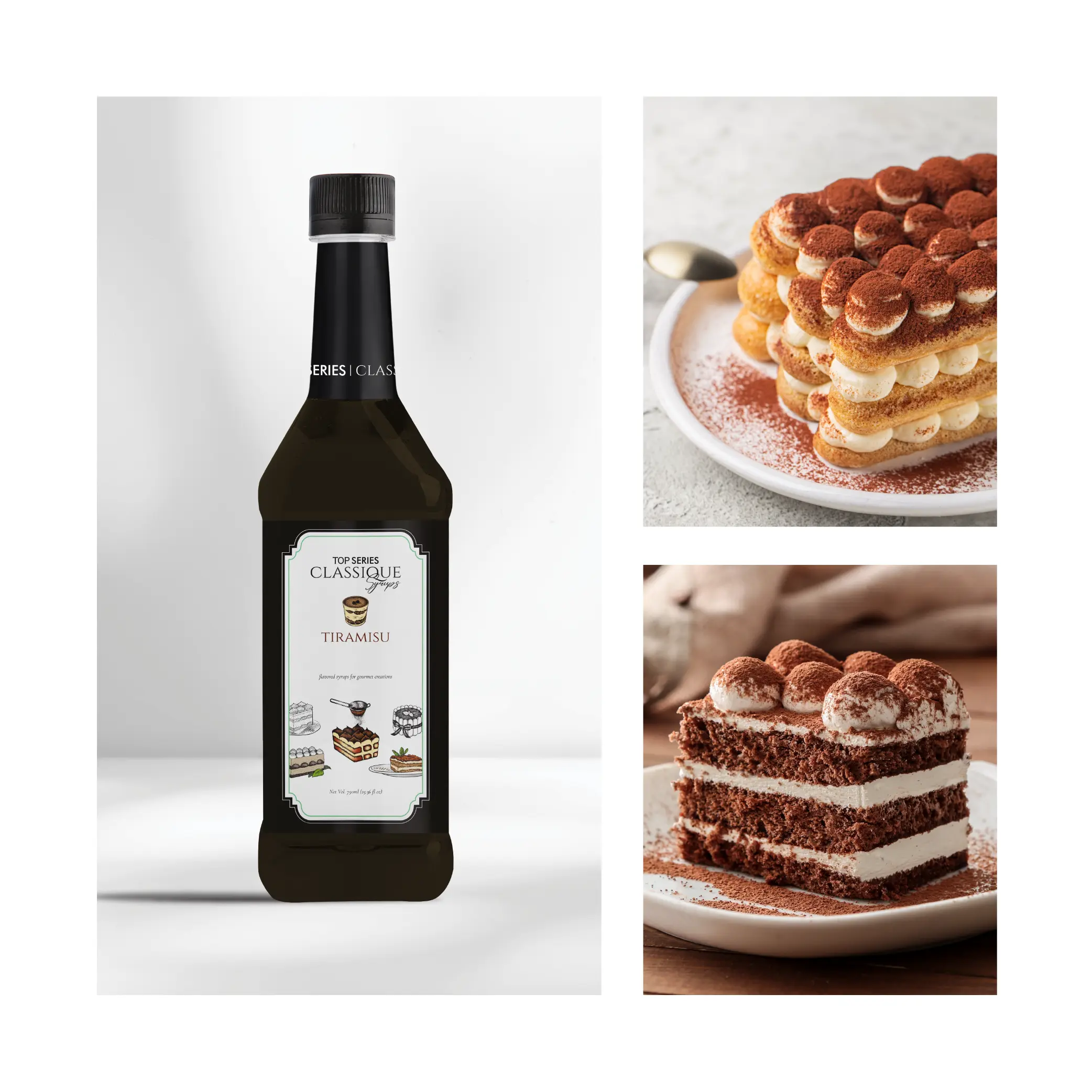 bottle standing next to a tiramisu cake on a white background, side-by-side image. (informative)