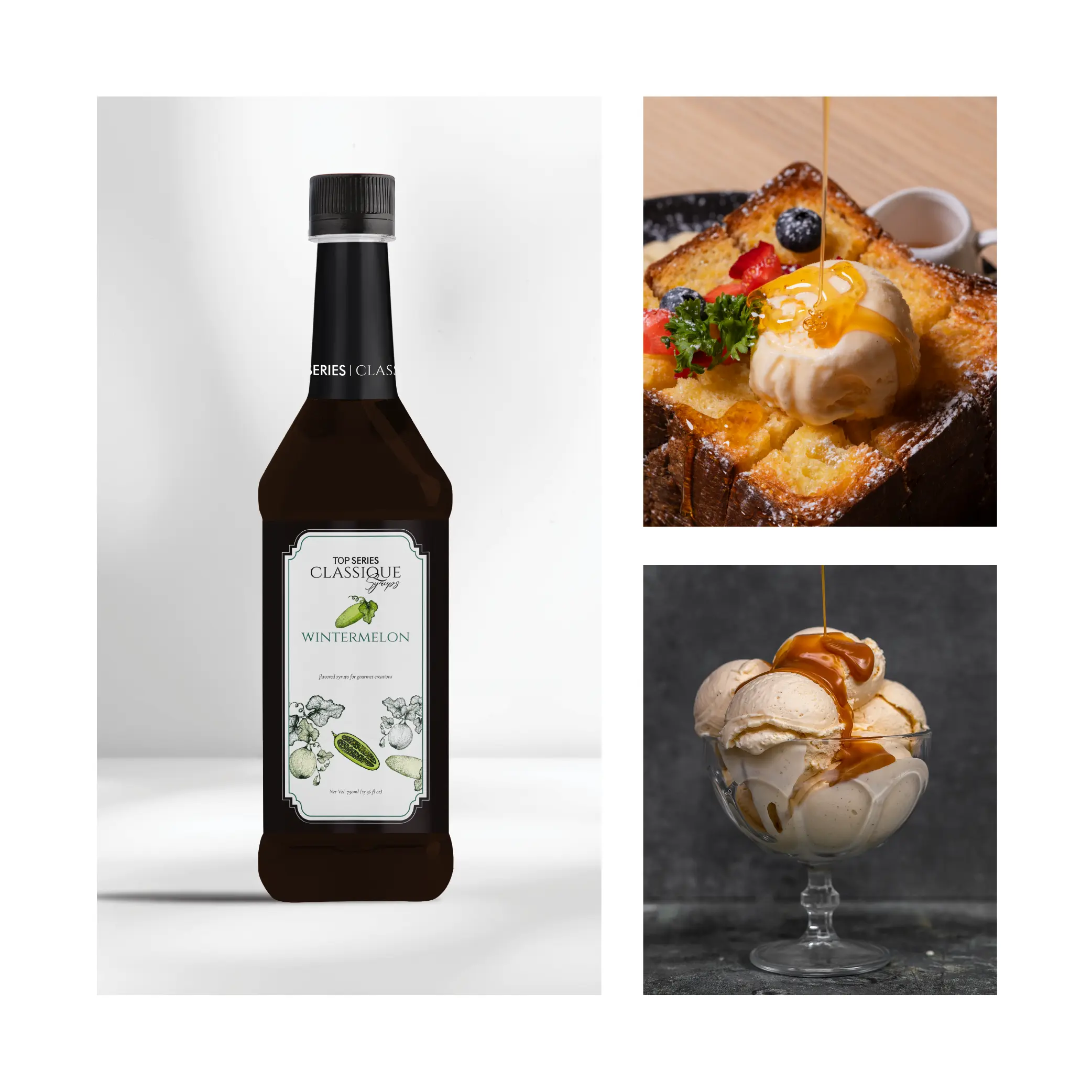 Left: a bottle neck against a light background; Right: a pastry with ice cream, berries, and caramel drizzle.