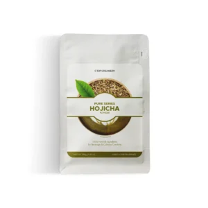 White pouch packaging for Top Creamery Pure Series Hojicha Powder, featuring a bowl of tea and green leaves. Net wt 200g, made in the Philippines.