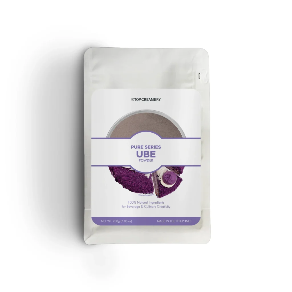 White stand-up pouch labeled Top Creamery Pure Series UBE Powder, 200 g, white and purple design with product image at bottom.