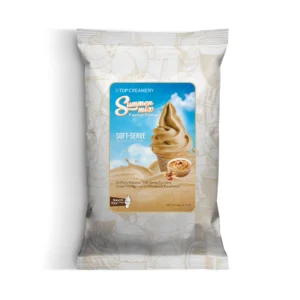 Bag of Top Creamery Summer Mix Peanut Butter Soft-Serve Ice Cream Powder on a patterned background