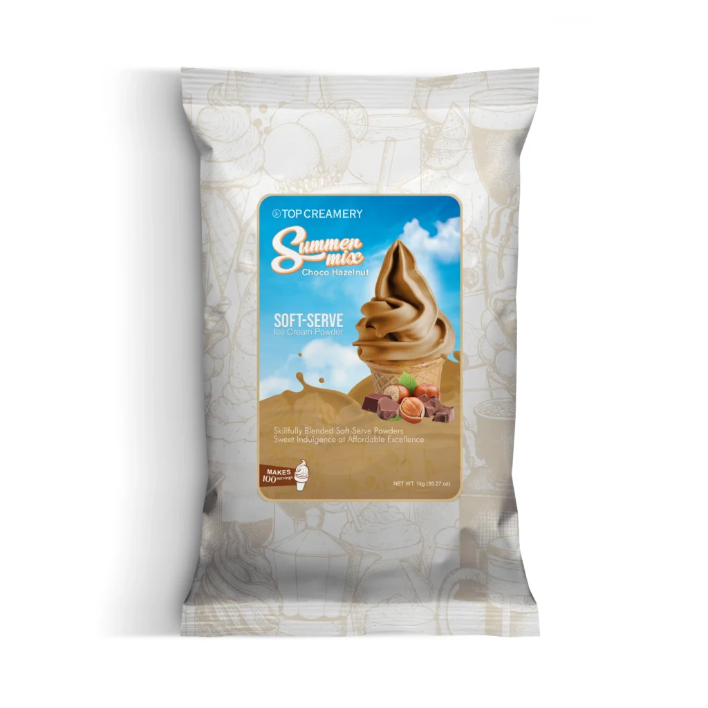 Bag of Top Creamery Summer Mix Soft-Serve Ice Cream Powder in Choco Hazelnut flavor (1 kg) makes about 100 servings