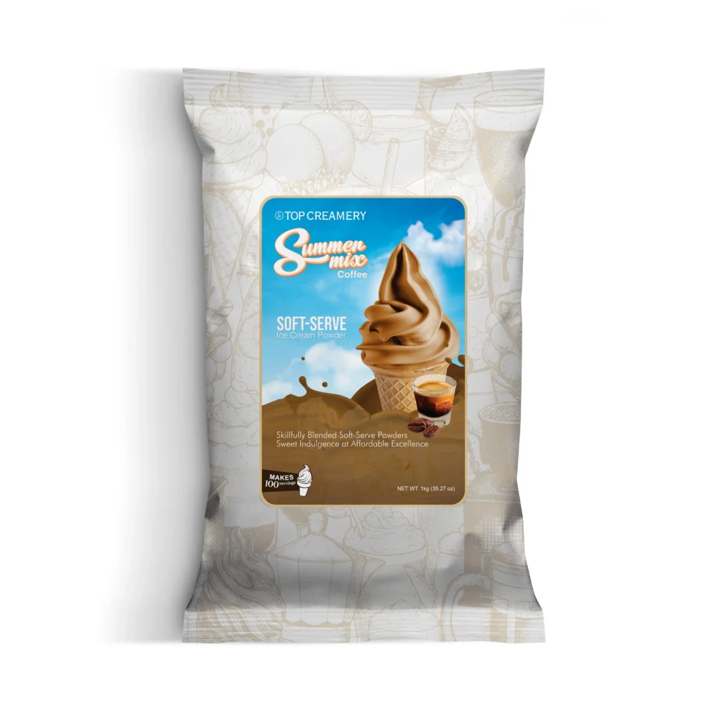 Package of Top Creamery Summer Mix Soft-Serve Ice Cream Powder with blue label and an ice cream cone image on the front.