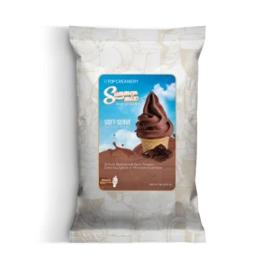 Front of a standing bag labeled 'Top Creamery Summer Mix' for Soft-Serve Ice Cream Powder with chocolate imagery on a blue label