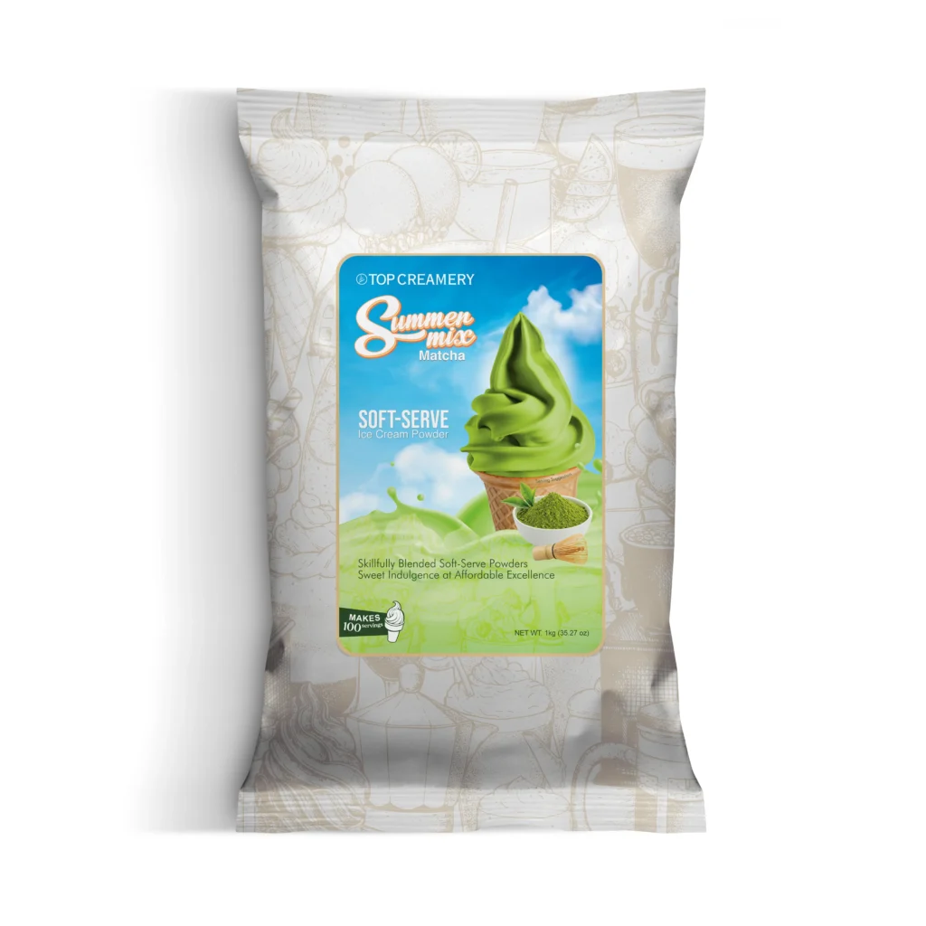 Bag-style packaging for Top Creamery Summer Mix soft-serve ice cream powder, blue label with green swirled ice cream image on the front.