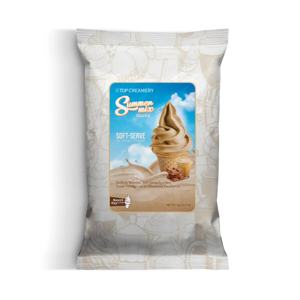 Package of Top Creamery Summer Mix Soft-Serve Ice Cream Powder with a blue label and chocolate swirl image.