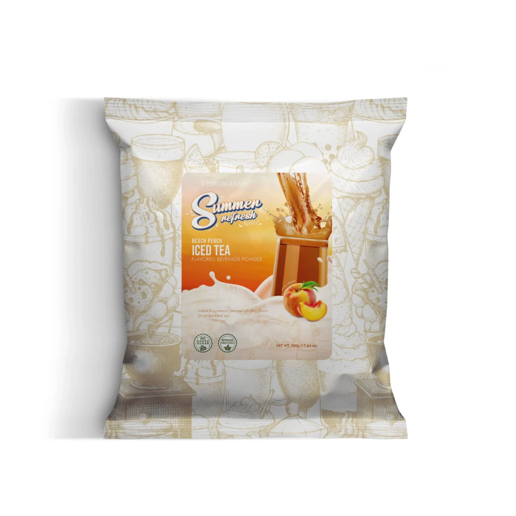 Front of a Summer Refresh peach iced tea powder packaging with peaches on the label and a decorative beige illustration background
