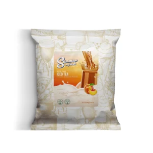 Front of a Summer Refresh peach iced tea powder packaging with peaches on the label and a decorative beige illustration background
