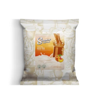 Front of a Summer Refresh peach iced tea powder packaging with peaches on the label and a decorative beige illustration background