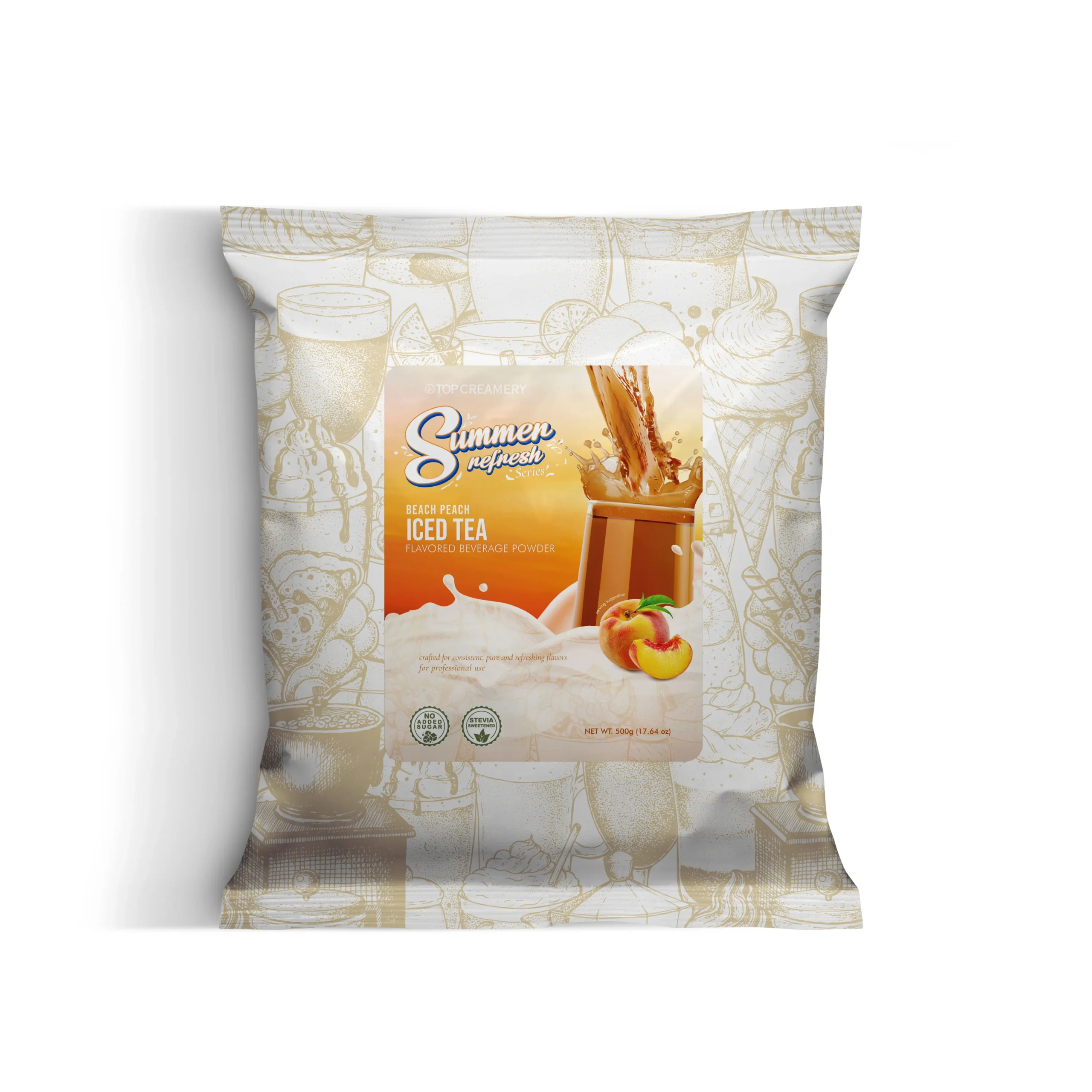 Front of a Summer Refresh peach iced tea powder packaging with peaches on the label and a decorative beige illustration background