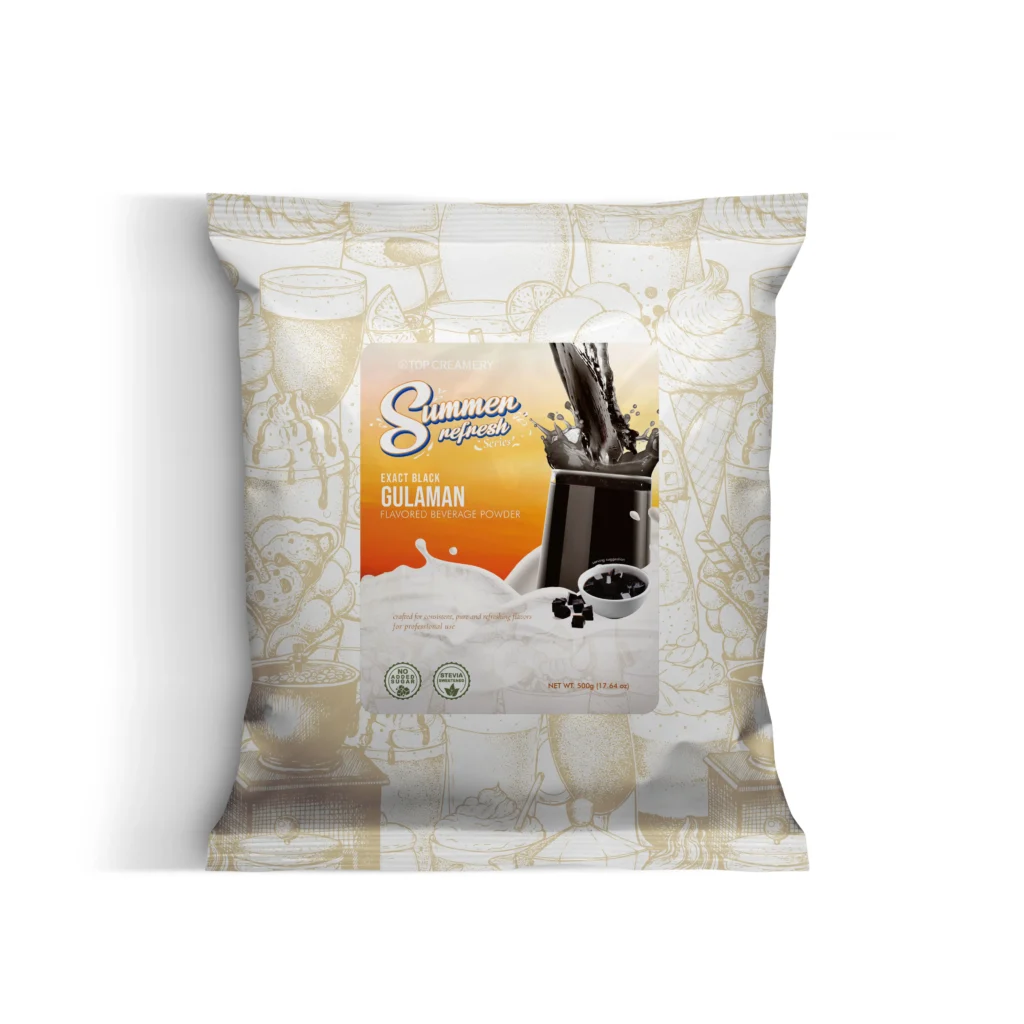 Product packaging for Summer Fresh Gulaman flavored beverage powder, with orange label and splash image behind