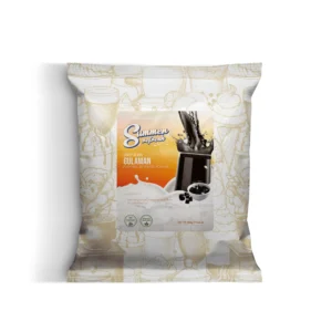 Product packaging for Summer Fresh Gulaman flavored beverage powder, with orange label and splash image behind