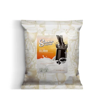 Product packaging for Summer Fresh Gulaman flavored beverage powder, with orange label and splash image behind