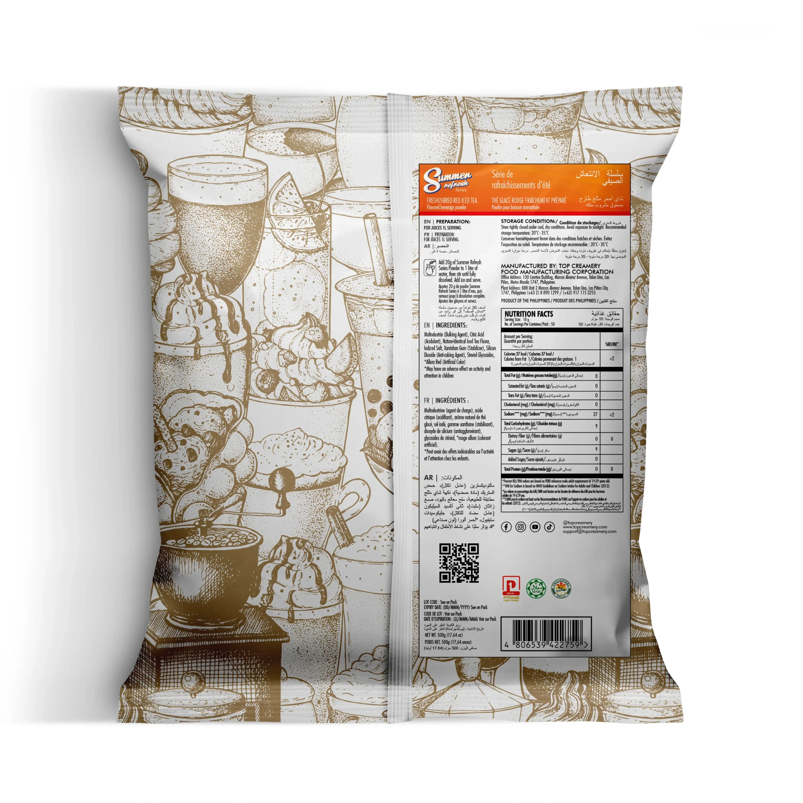 Back view of a decorative food packaging bag showing a nutrition facts panel, barcode, QR code, and an orange 'Summer Refresh' label, with illustrated dessert images in the background.