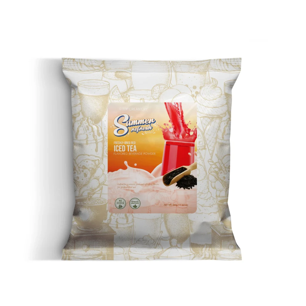 Bag-style packaging for a beverage powder labeled 'Summer Fresh Iced Tea' with a red pouring liquid image on the front, on a white background.