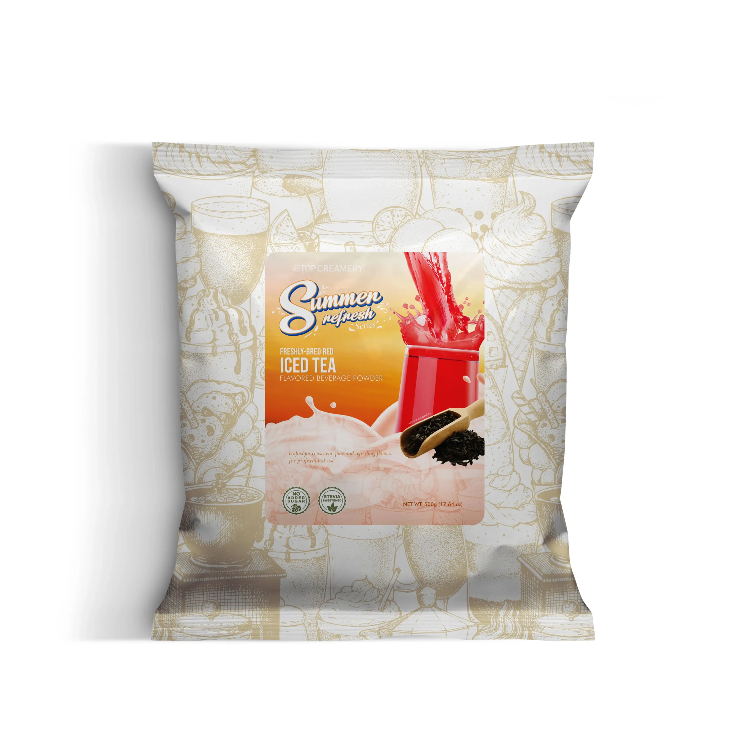 Bag-style packaging for a beverage powder labeled 'Summer Fresh Iced Tea' with a red pouring liquid image on the front, on a white background.