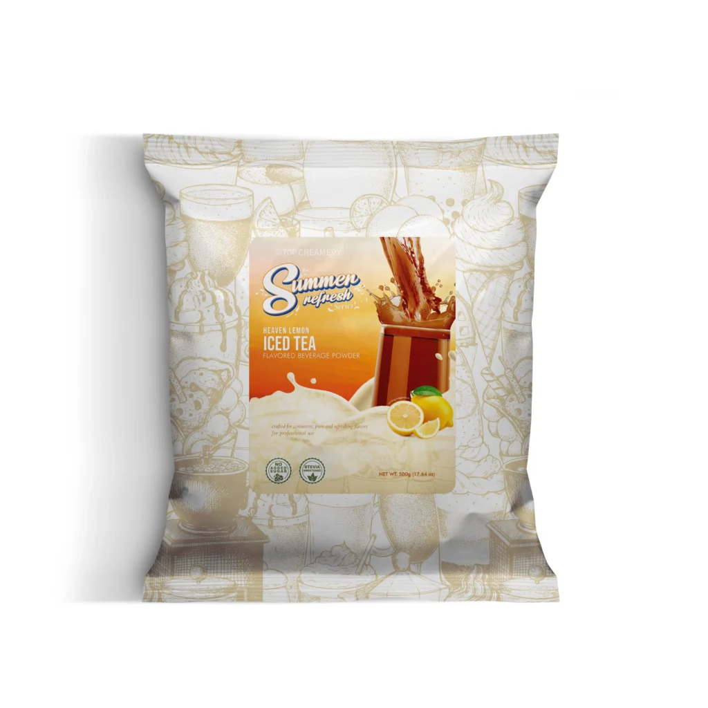 Front of a powdered iced tea package labeled Heaven Lemon Iced Tea with lemon imagery on a patterned bag background.