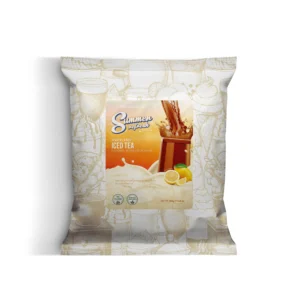 Front of a powdered iced tea package labeled Heaven Lemon Iced Tea with lemon imagery on a patterned bag background.