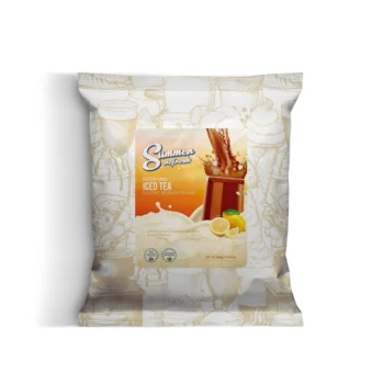 Front of a powdered iced tea package labeled Heaven Lemon Iced Tea with lemon imagery on a patterned bag background.