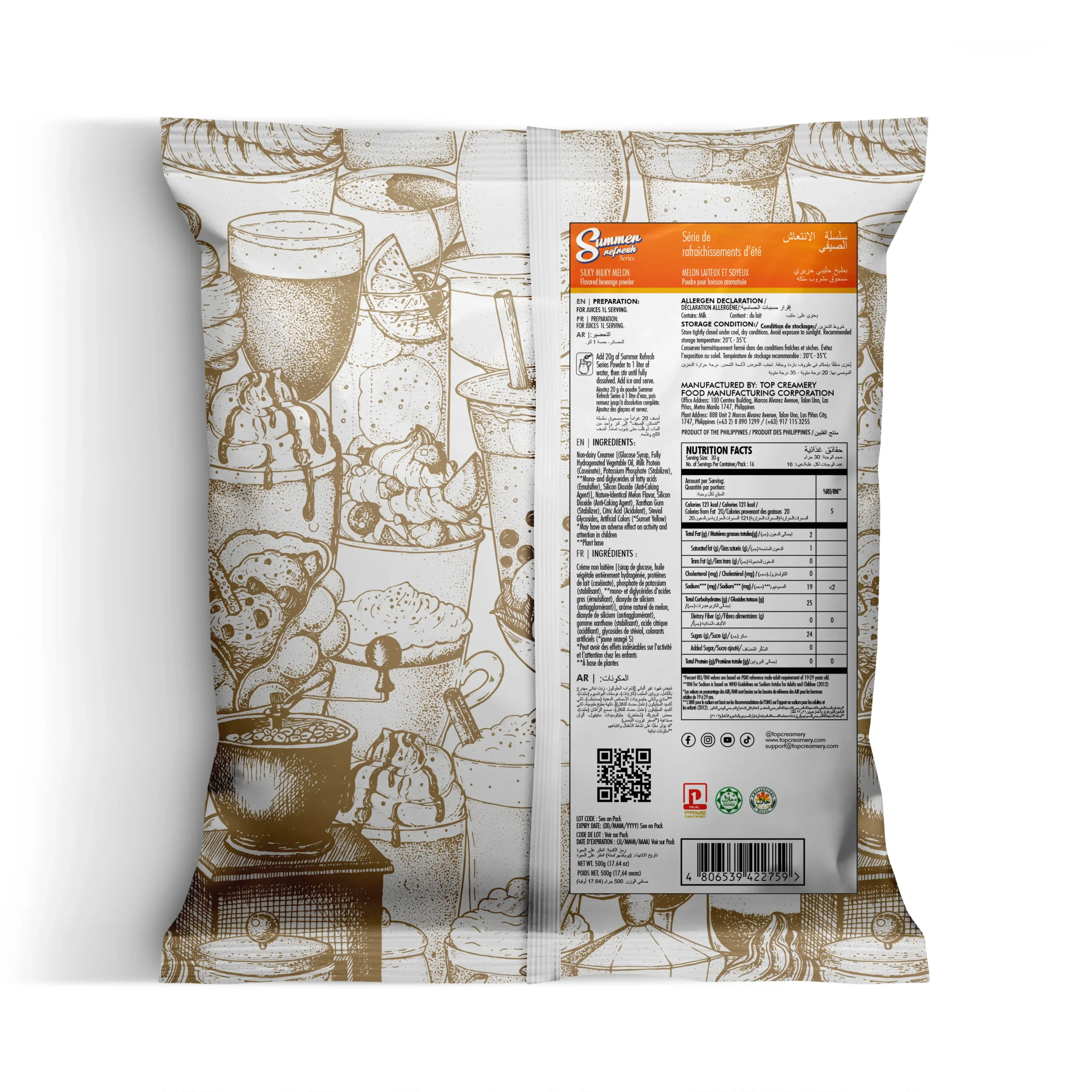 Pouch packaging with a vintage dessert illustration and an orange nutrition label on the right side, showing a detailed nutrition facts panel.