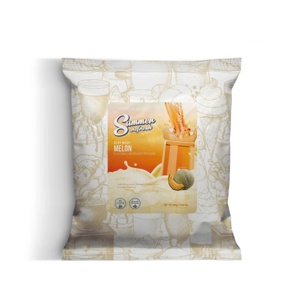 Packaged pouch for Summer Fresh Silky Milky Melon flavored beverage powder with a bright orange label and melon imagery in front of a illustrated background.