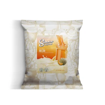 Packaged pouch for Summer Fresh Silky Milky Melon flavored beverage powder with a bright orange label and melon imagery in front of a illustrated background.