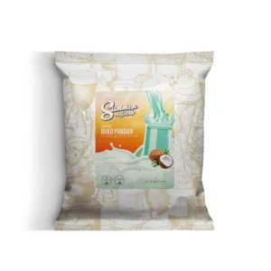 Pouch packaging for a tropical beverage powder with coconut imagery and a decorative patterned backdrop.