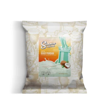 Pouch packaging for a tropical beverage powder with coconut imagery and a decorative patterned backdrop.