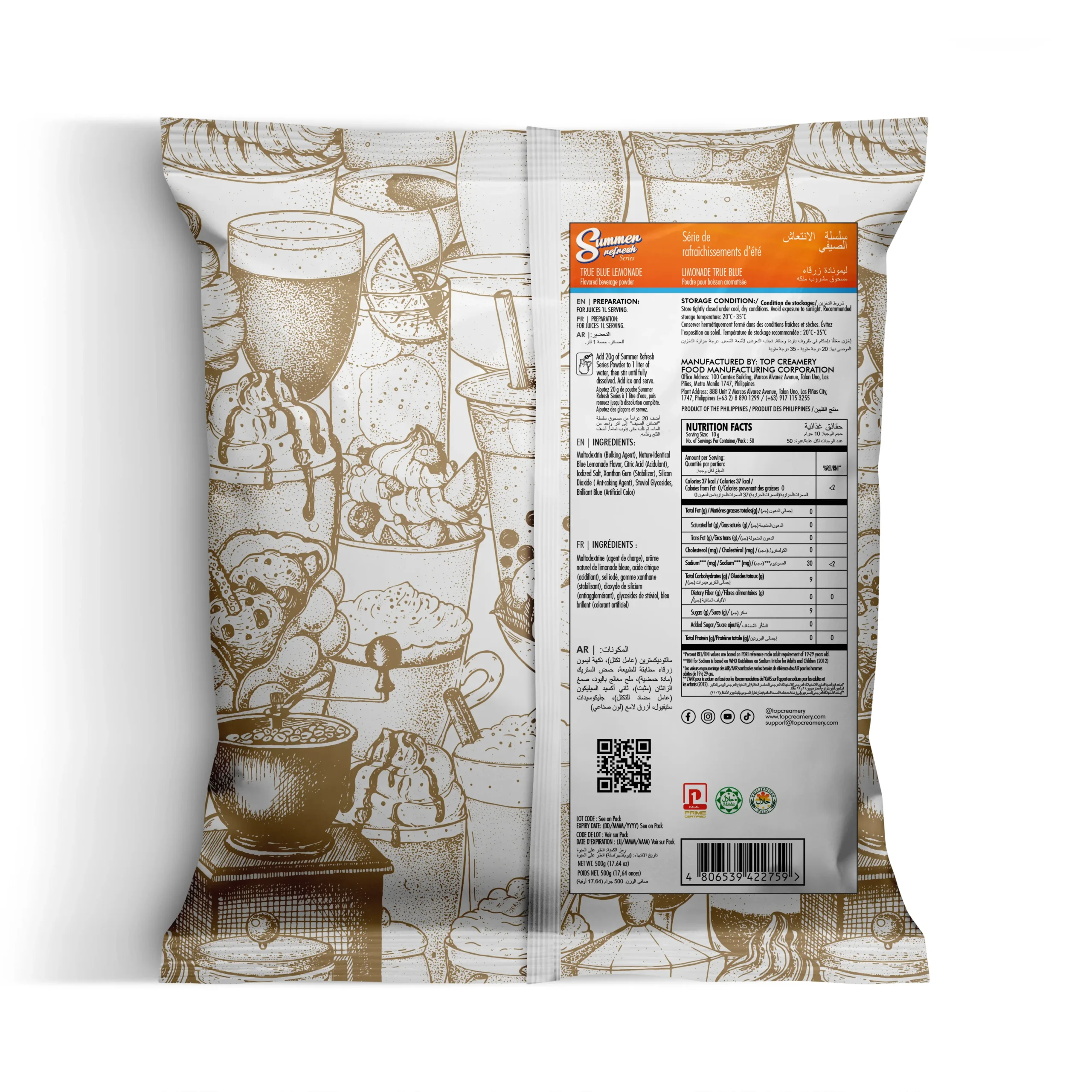 Product packaging for a Lemonade powder with an orange label; nutrition facts panel visible on the right side of the pouch against a decorative beverage-themed illustration.