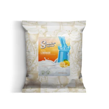 Pouch of Summer Fresh Lemonade flavored beverage powder with a blue splash image on the front and lemon graphics in the background pattern