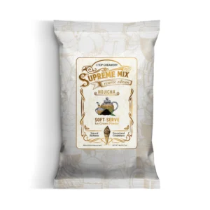 Front of a packaging bag labeled Top Creamery Supreme Mix soft-serve ice cream powder, reserve edition (illustrated border visible).