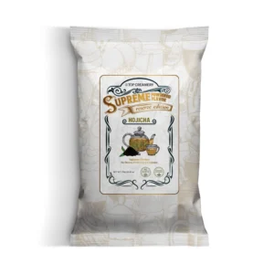 Tea packaging bag showing 'Supreme' hoji-cha reserve edition with illustrated teapot and cup on a decorative label.