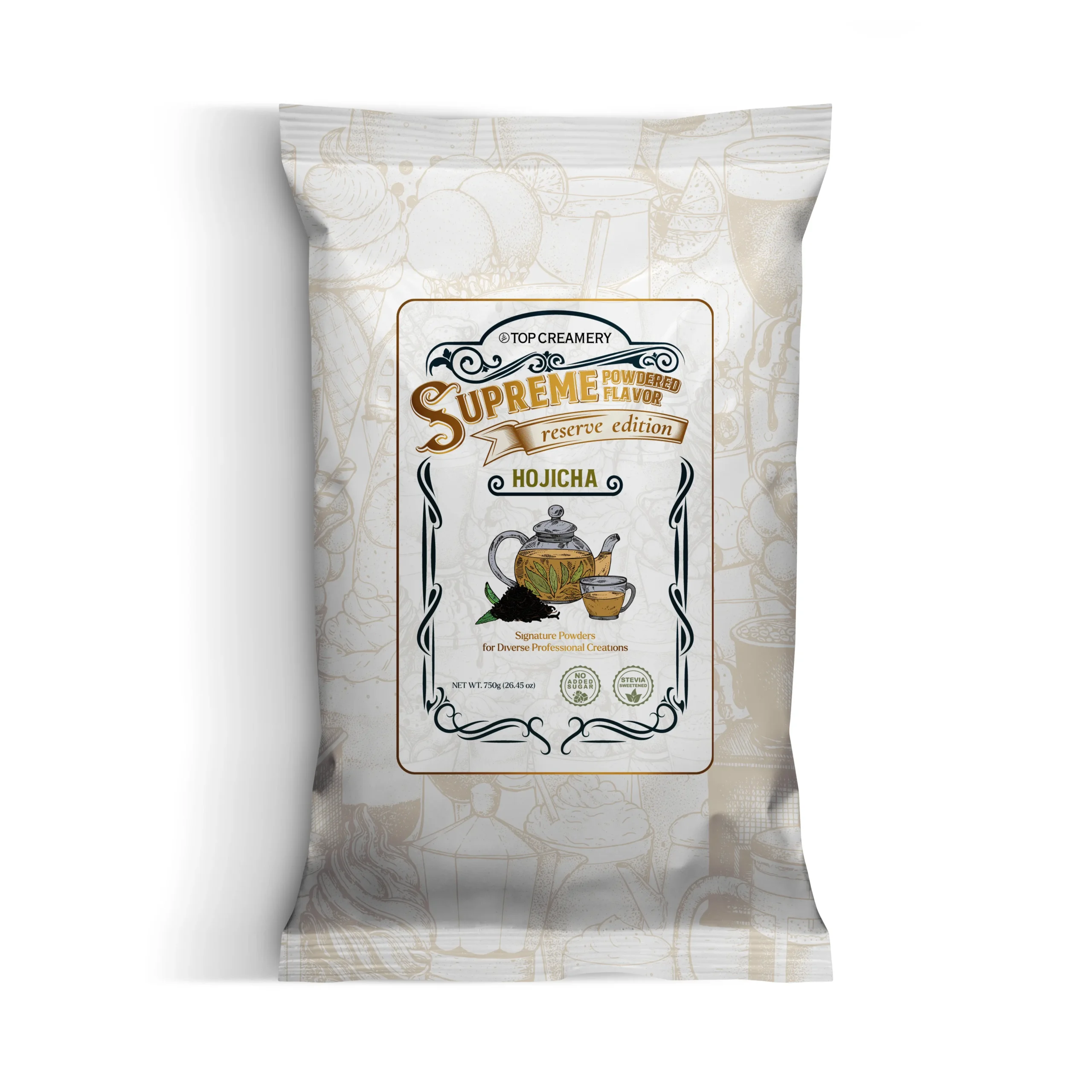 Tea packaging bag showing 'Supreme' hoji-cha reserve edition with illustrated teapot and cup on a decorative label.