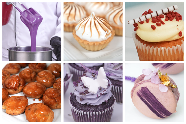Six-dessert collage: purple glaze pours into a metal bowl, meringue-topped tarts, a cupcake with pale yellow frosting and red bits, glazed donuts, lavender cupcake with a butterfly decoration, and a pink macaron with purple filling and gold accents.