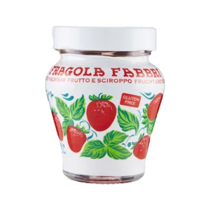 Close-up of a white glass jar with a white lid, displaying red curved text and a colorful strawberry-and-leaf pattern on the body.
