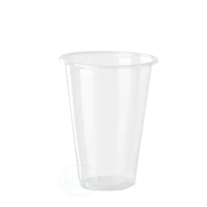 Clear disposable plastic cup, transparent and empty, viewed from the side.