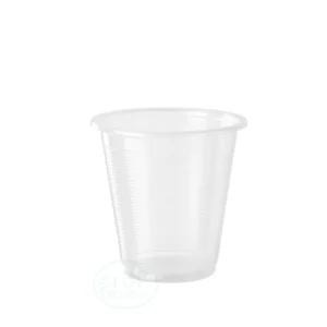 Clear disposable plastic cup with ridged sides for beverages.