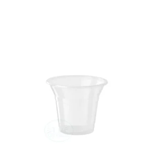Clear transparent plastic cup on a white background, empty and ready to use
