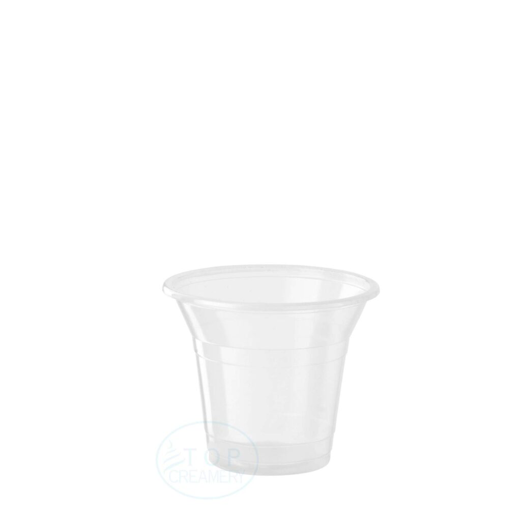 Clear transparent plastic cup on a white background, empty and ready to use