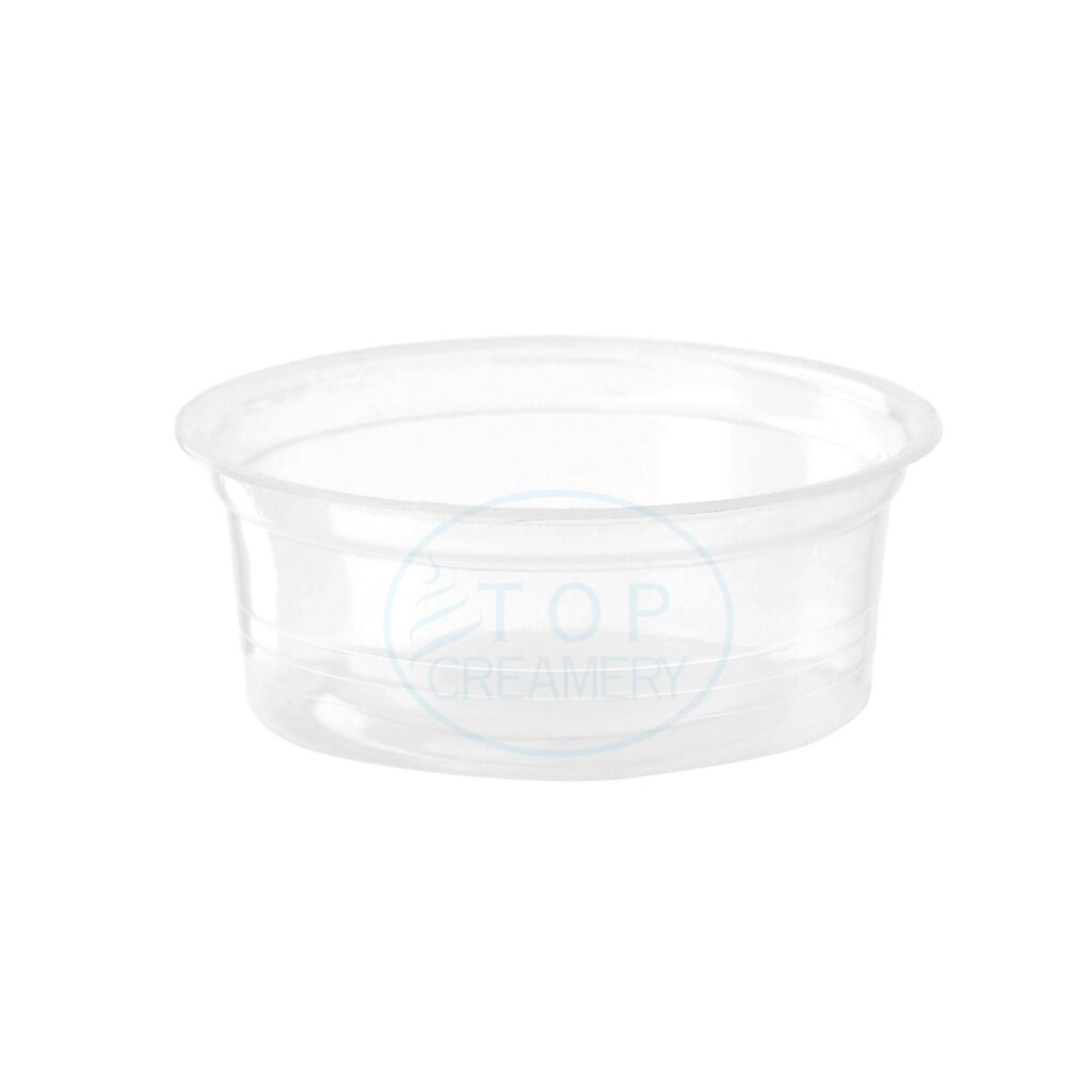 Clear plastic disposable cup with a wide rim on a white background (empty).