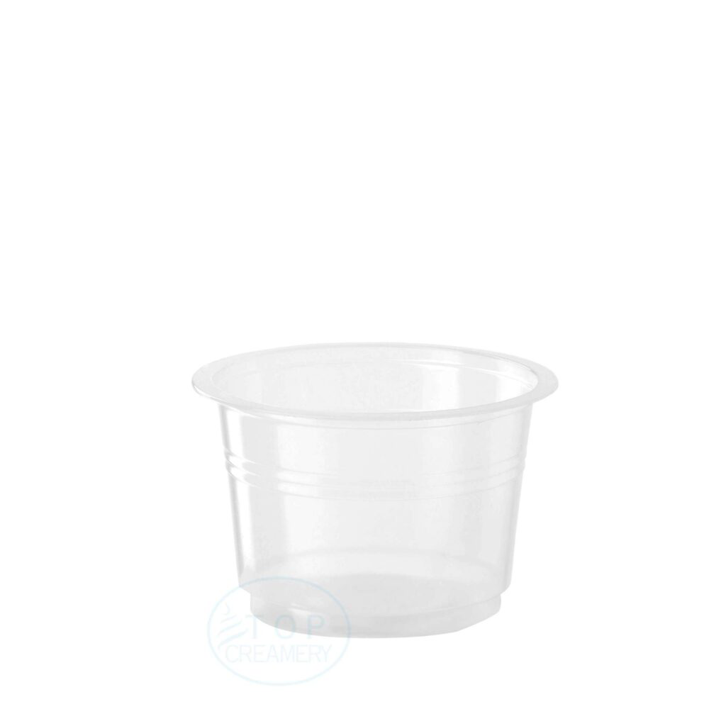 Clear disposable plastic cup on a white background, empty and upright with subtle ribbing near the base.